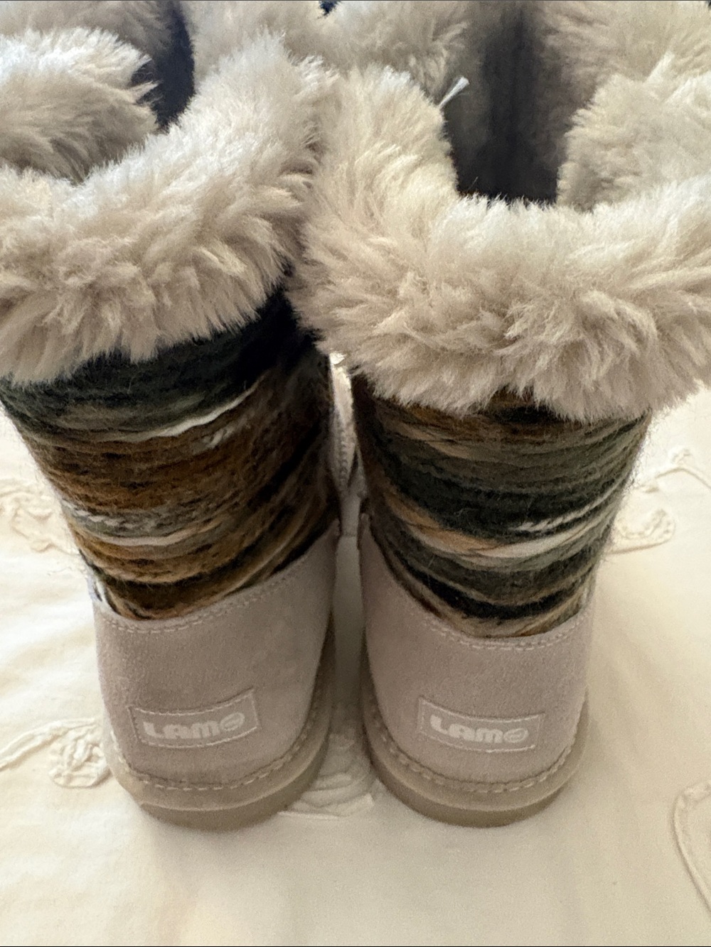 Lamo Taupe Suede Boots with Multicolor Knit Shaft